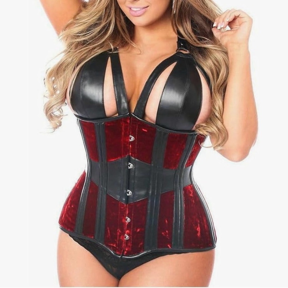 Daisy Corser Red Velvet and Black PU Leather